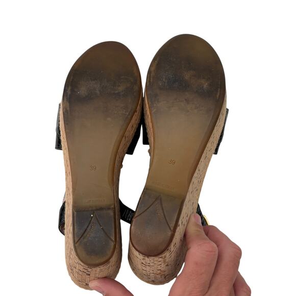 PRADA Vitello Shine Leather and Cork Espadrille Wedge Sandals Black Size 39 (9) - Picture 9 of 11